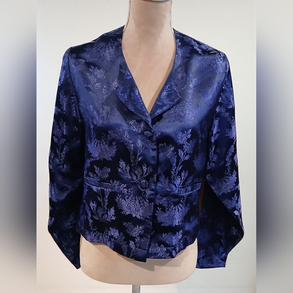 April Cornell Blue Satin Floral Burnout Blazer Jacket Womans Sm Classic Mature